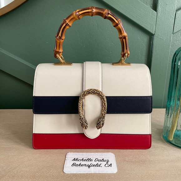 Gucci White, Red and Blue Leather Dionysus Bamboo Top Handle Gold Hardware, White/Red/Blue Womens Handbag